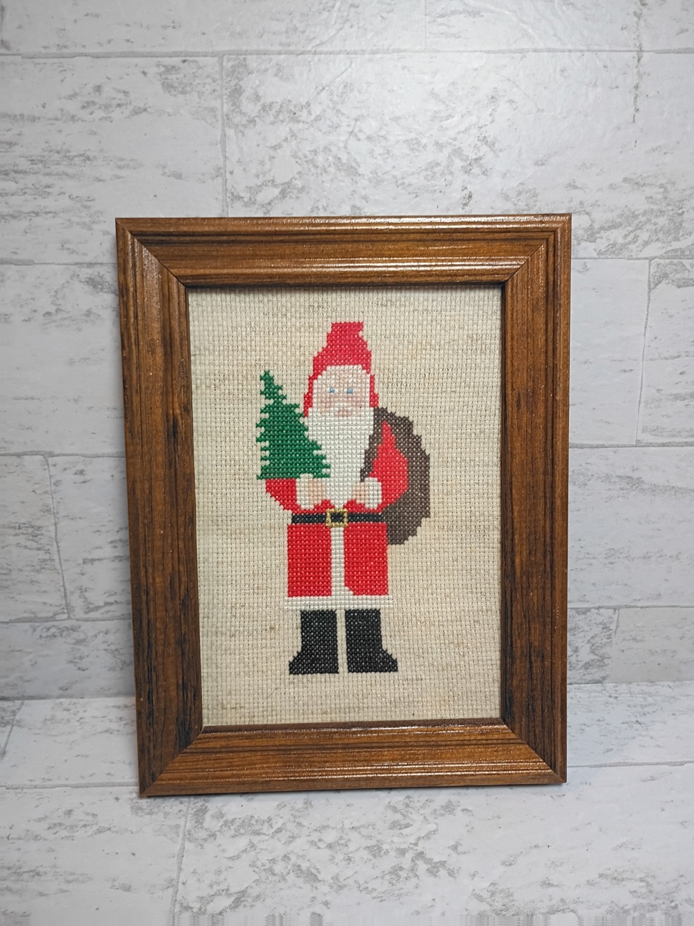 Framed Red Santa Cross-Stitch Wall Art - Holiday Home Decor